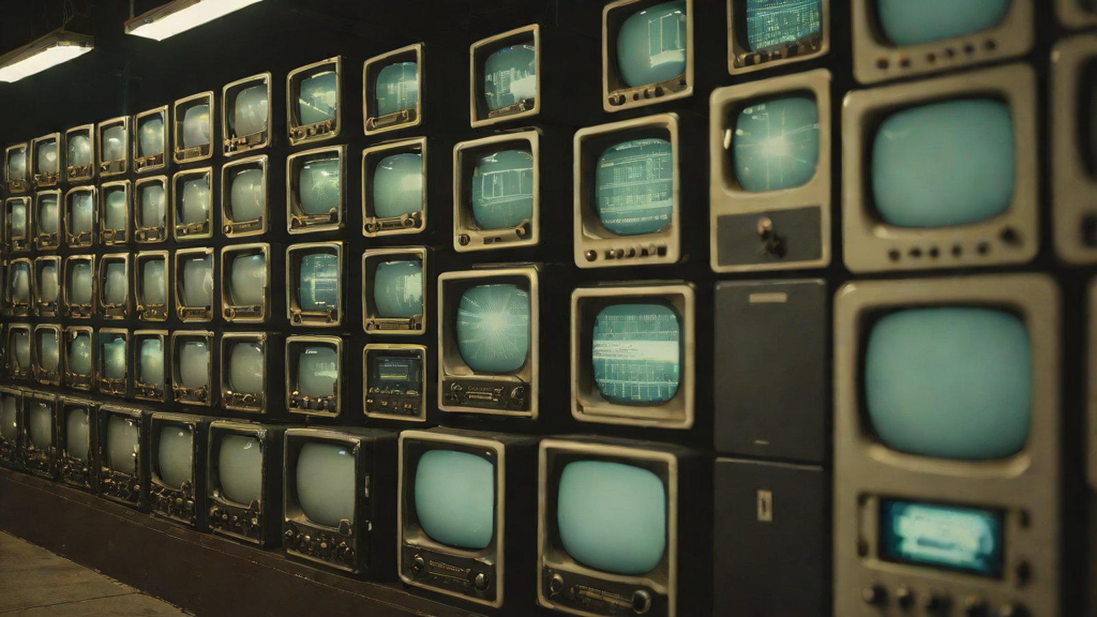 A futuristic image that imagines sitcom scenes being generated endlessly using the latest AI technology.