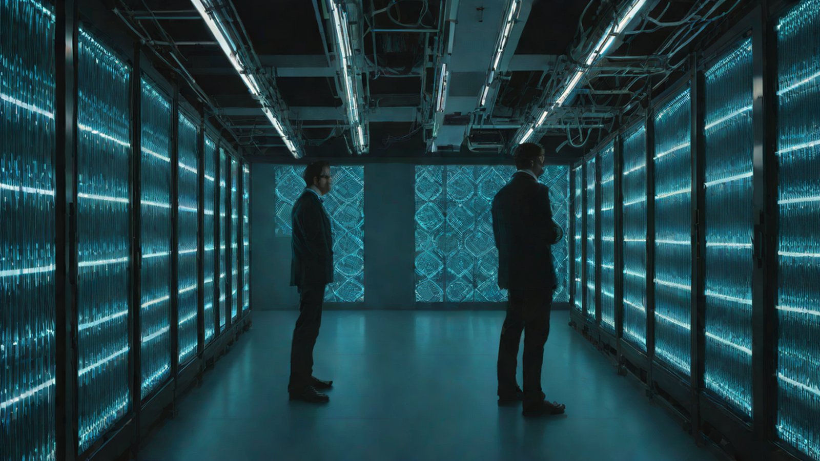 複雑な数学の公式で埋め尽くされた黒板の前で、コンピュータ画面を見つめる数学者の姿。