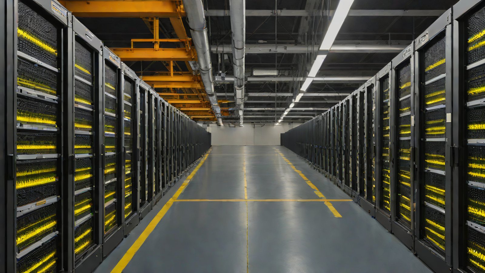 An image depicting AI researchers standing in front of a massive data center server room.
