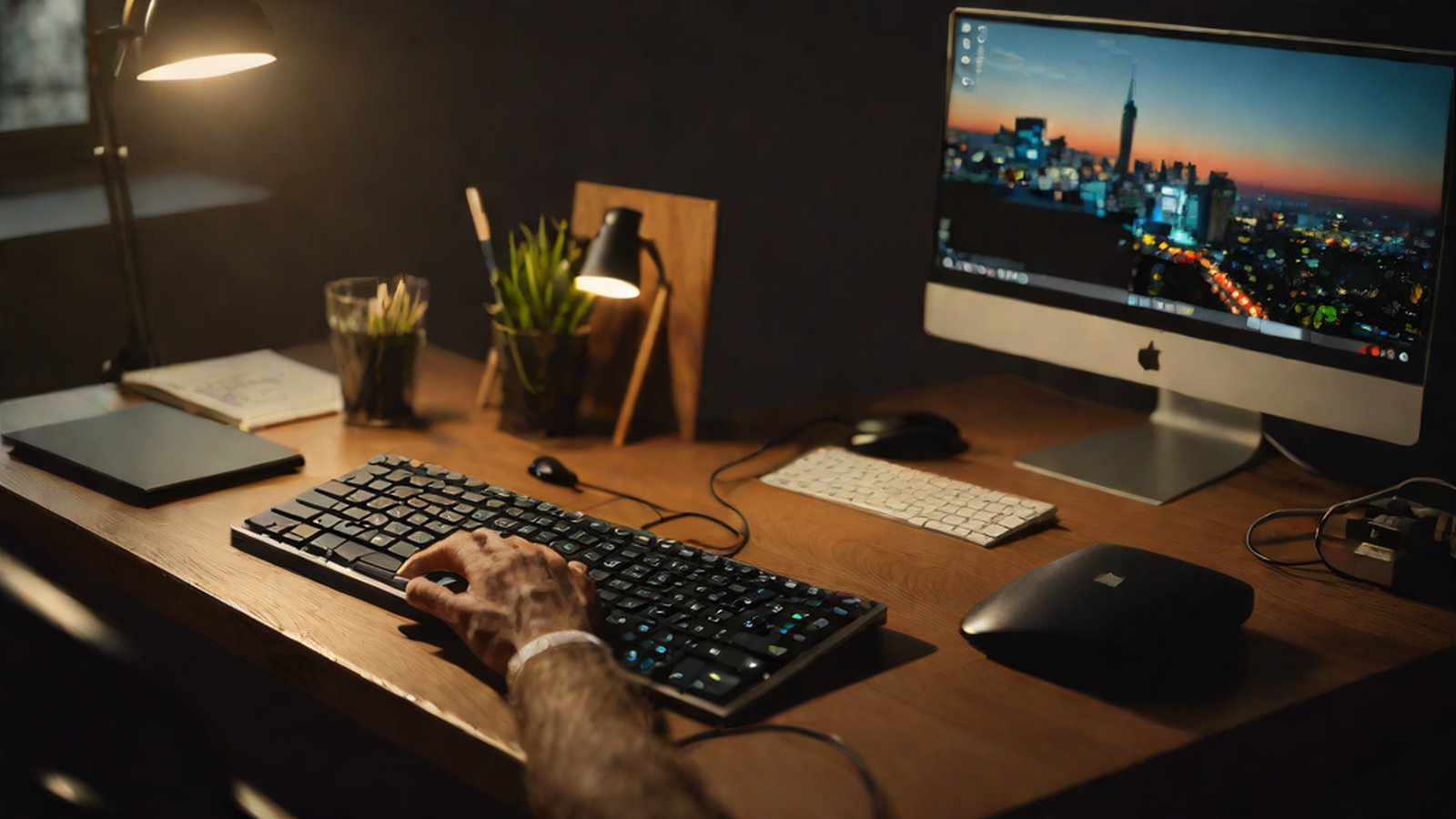 A futuristic image of AI performing code tasks over a computer screen