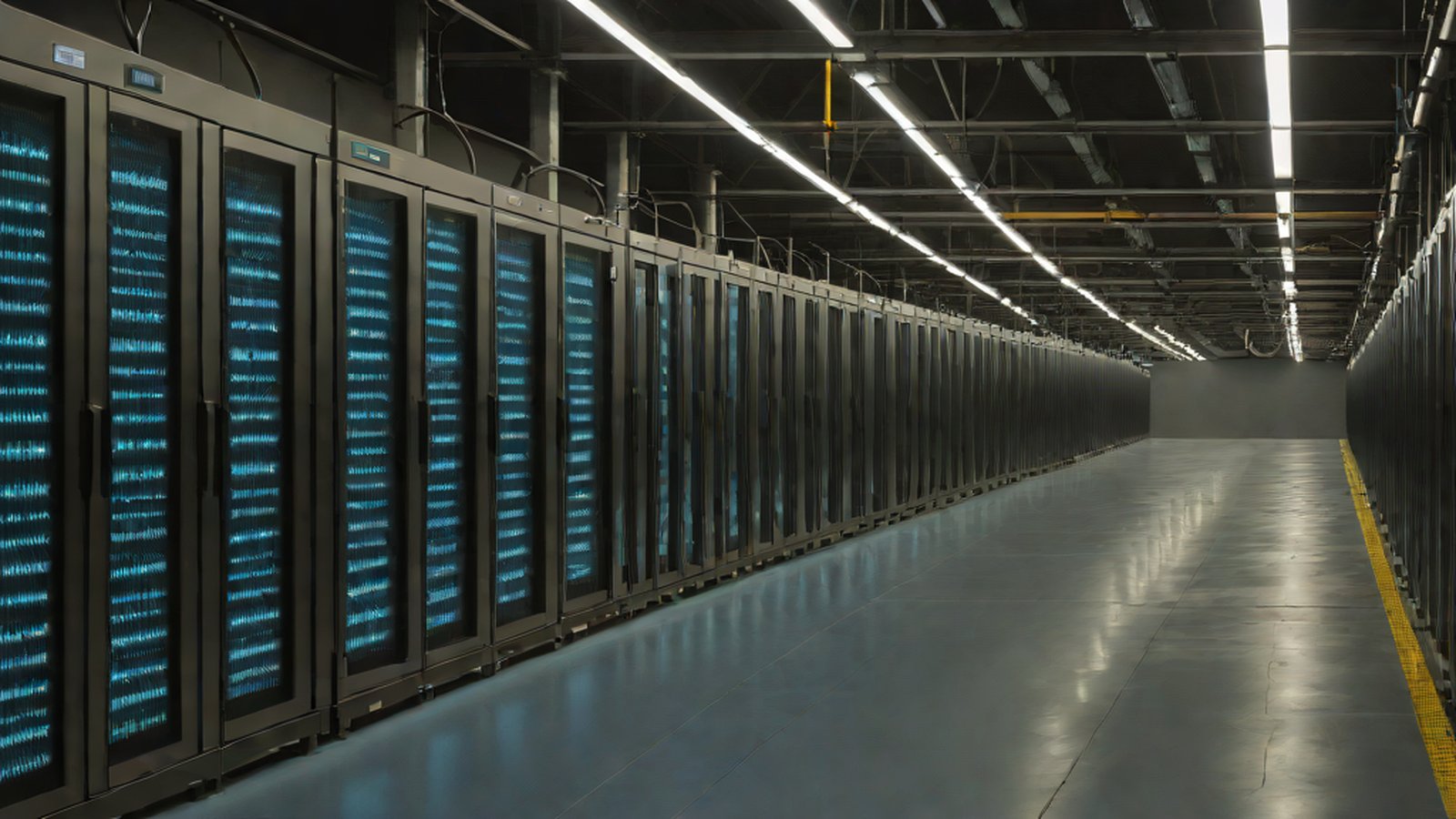 OpenAIのロゴと共に、データセンターのサーバーが停止しているかのようなメタファー的な画像。