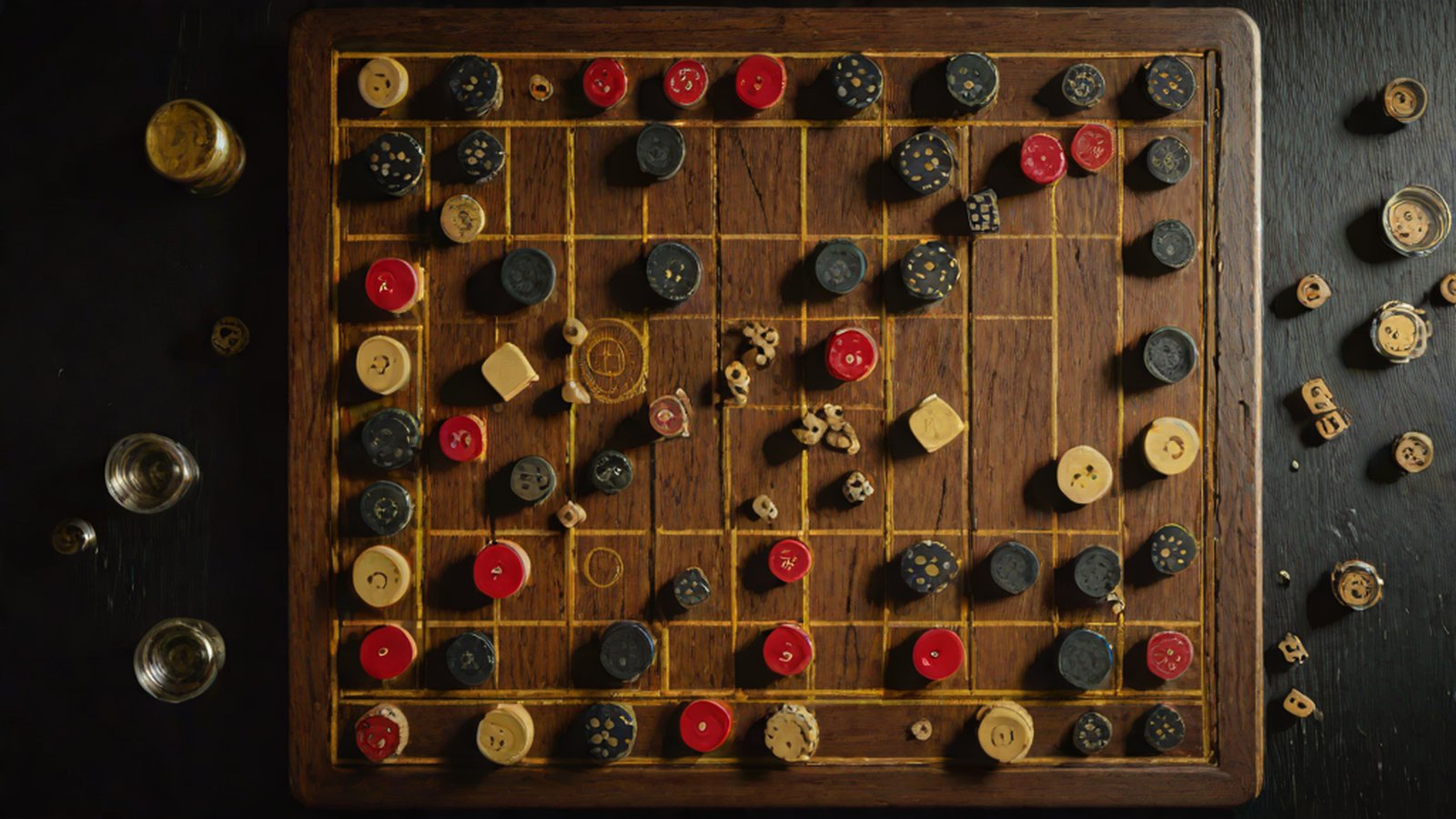 在摆放着陆战棋棋子的棋盘上，叠加了象征 AI 思维过程的数字数据粒子