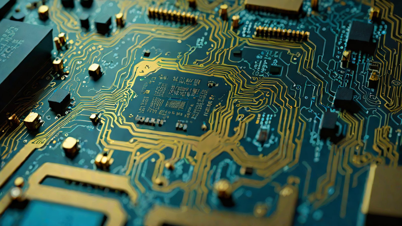 Technical graphic showing various AI semiconductor chips of different shapes intricately arranged and glowing