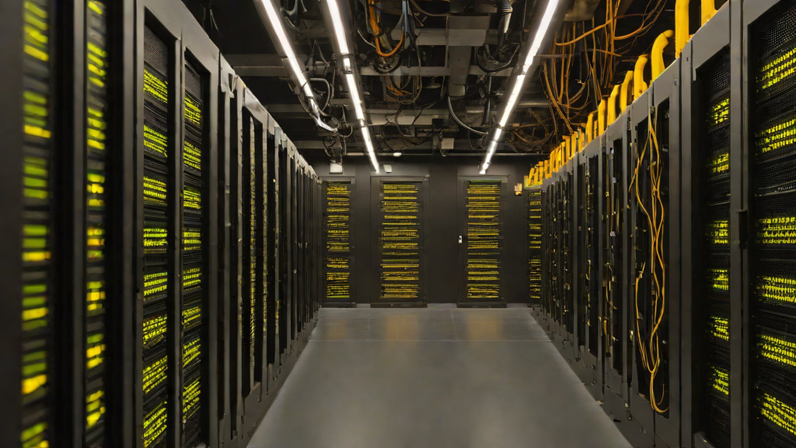An image representing digital networks intricately connected to servers in a data center.