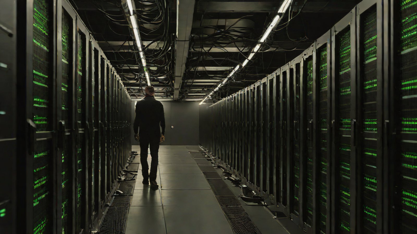 Silhouette of an AI lost in thought in front of a complex digital network screen