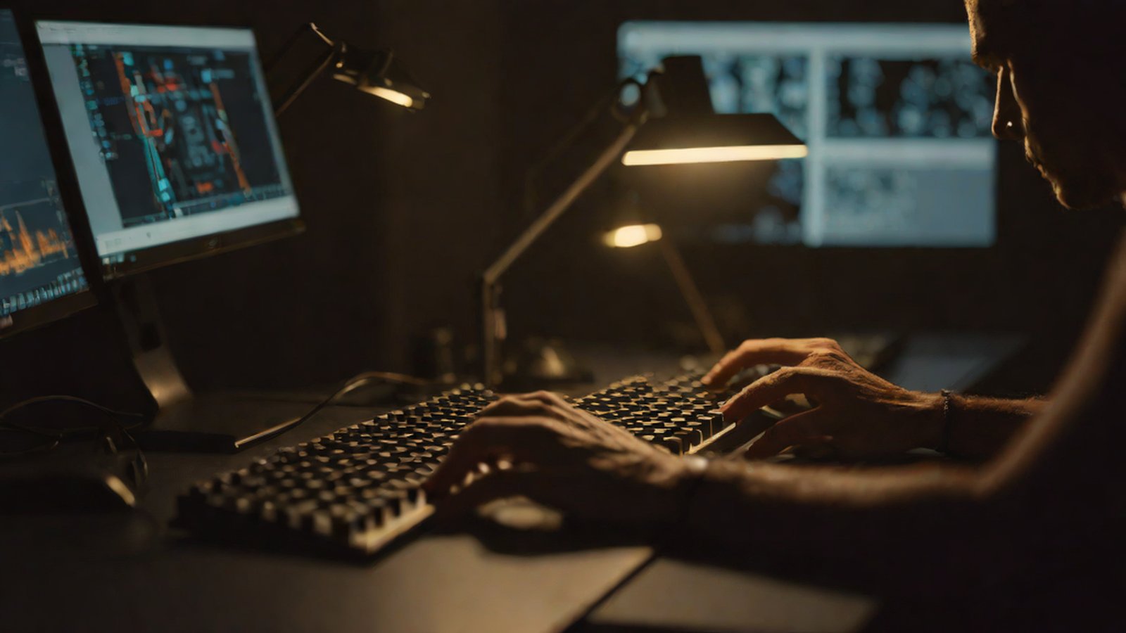 An imaginary illustration of a developer sitting in front of a computer screen, with a reflection of an AI writing massive amounts of code behind them.