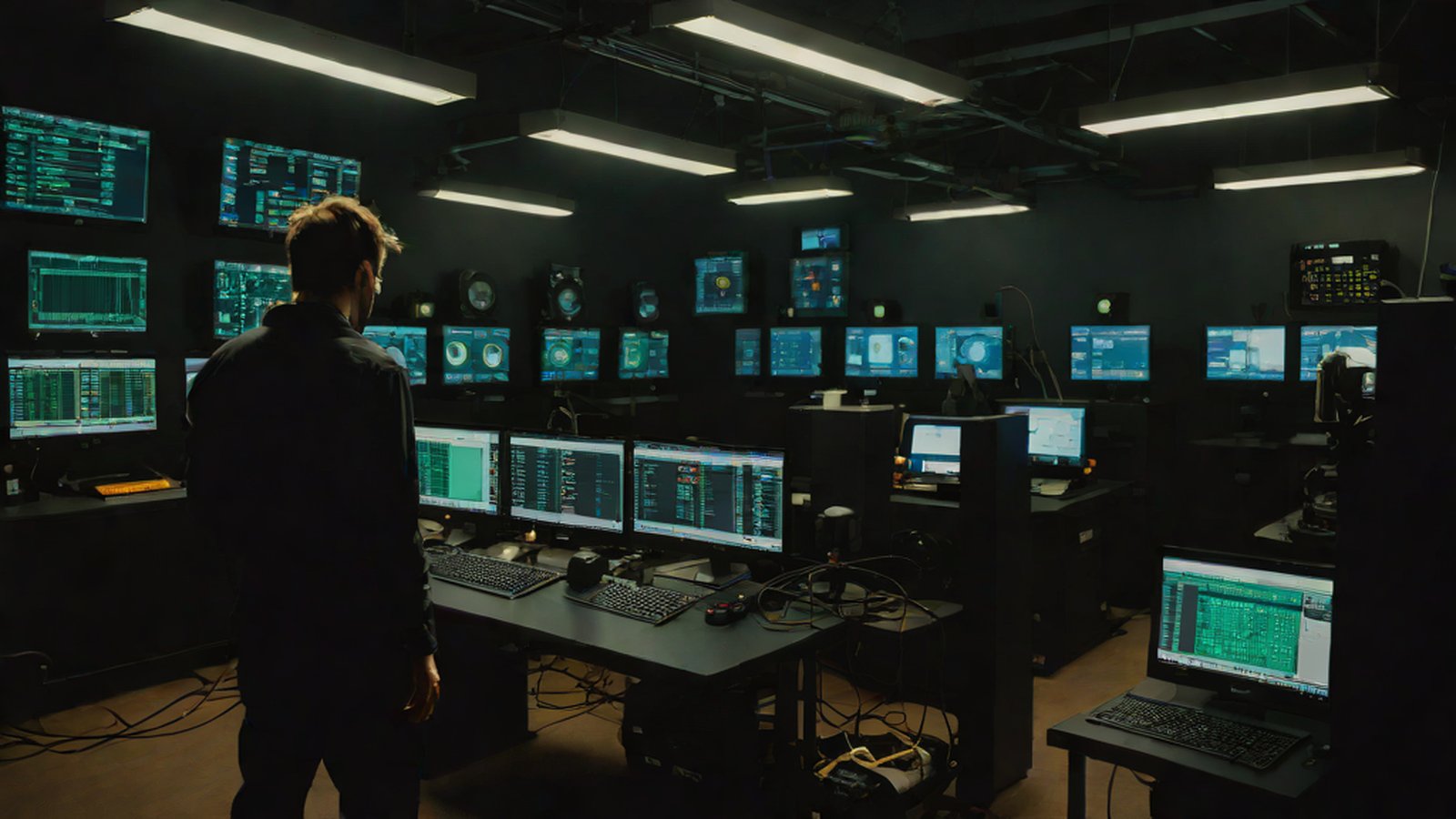 An editor seriously contemplating a workflow error caused by AI technology in front of a broadcast studio monitor