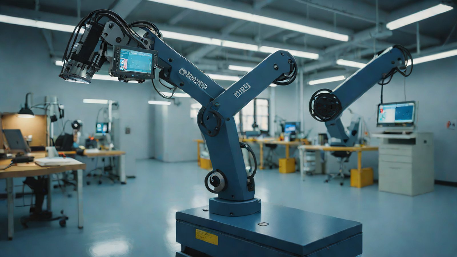 A modern research lab scene featuring robotic arms performing various tasks alongside advanced technical equipment.