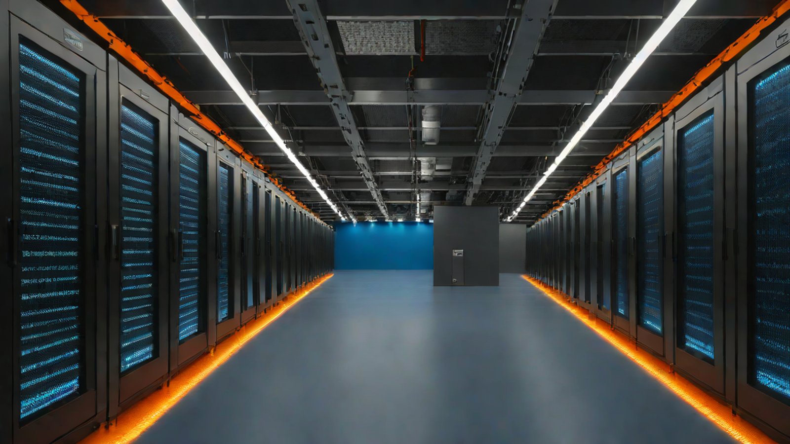 An image visualizing servers in a data center and a complex digital security network.