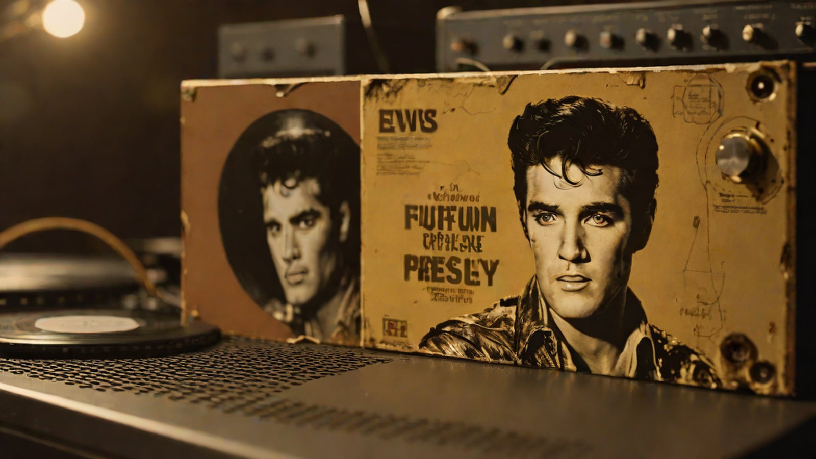 An image combining Elvis Presley's iconic microphone with digital patterns reminiscent of AI training data