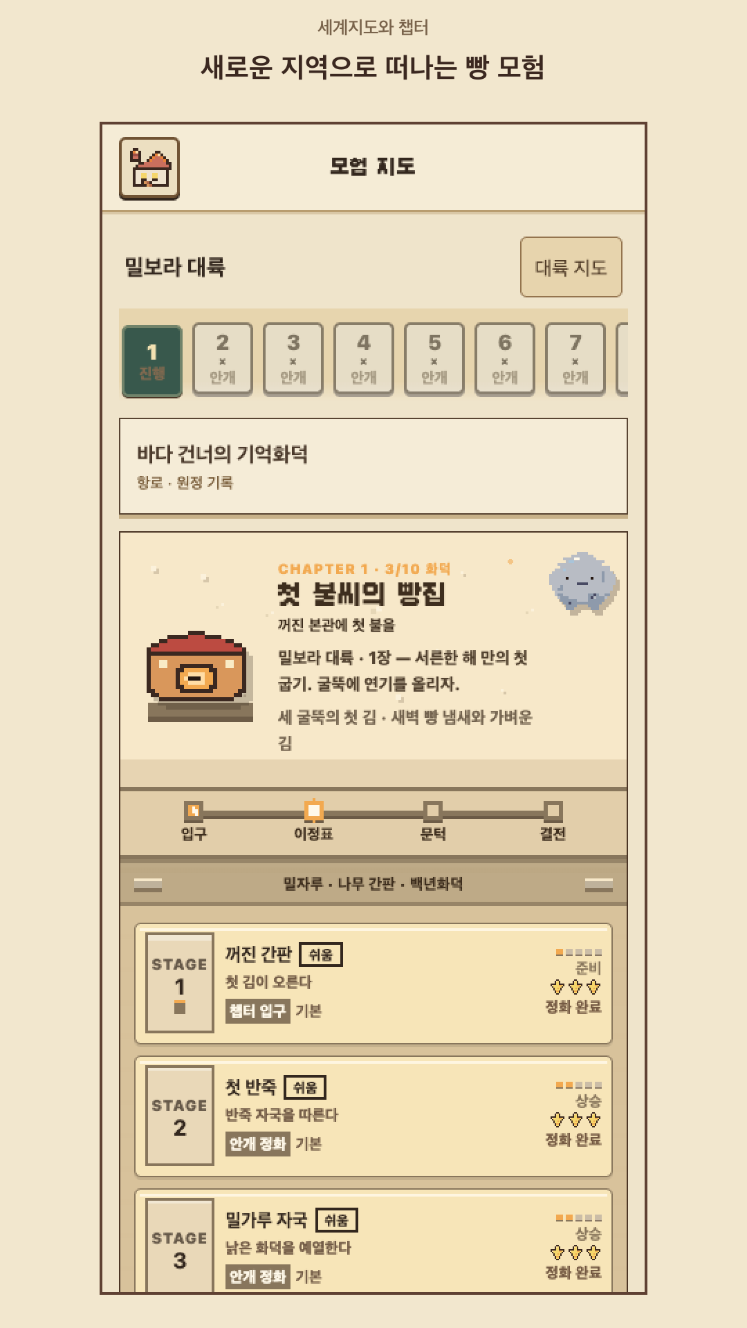 빵어전 1.5.0 미리보기: 밀보라 대륙의 첫 챕터와 스테이지 목록을 보여주는 모험 지도